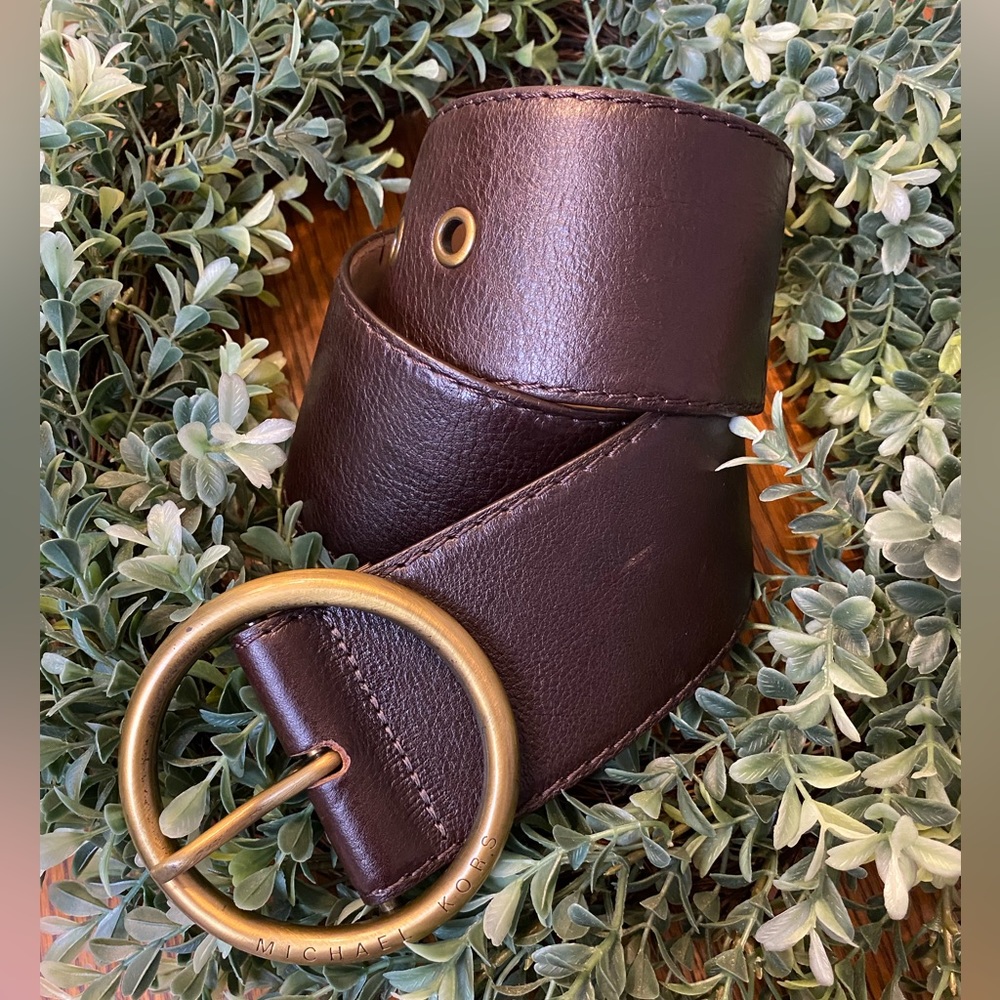 MICHAEL KORS brown leather Made in Italy chunky oversized statement belt buckle